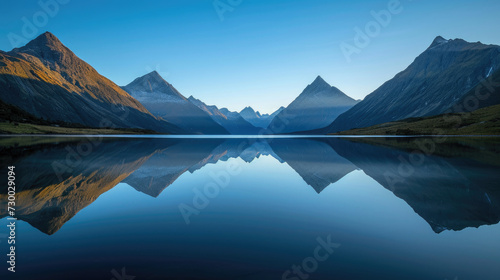 Reflection of majestic mountains on a calm lake in the morning under a blue sky