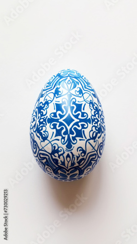 Aesthetic easter egg in traditional blue ethnic painting style. White background. Copy space. Generative AI