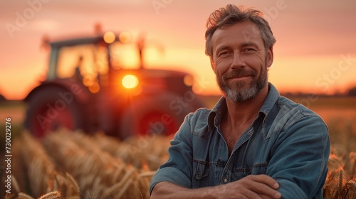 A happy farmer standing in front of a tractor in field at sunset. Generative AI.