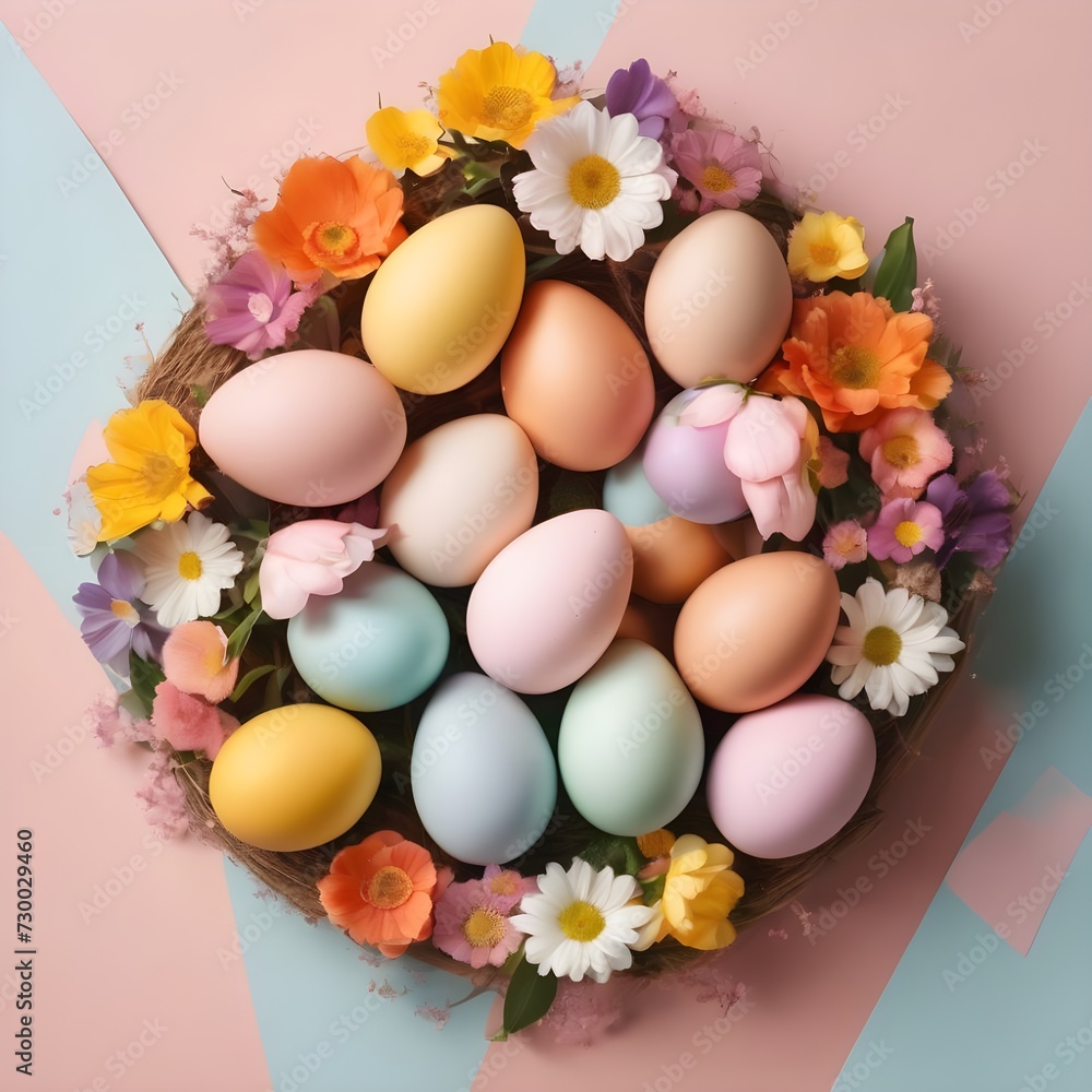 easter eggs and flowers. top view. flat layout style. minimalist pastel background with copy space