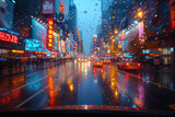 AI-generated illustration of a busy city street on a rainy night viewed through the front windshield