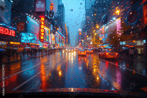 AI-generated illustration of a busy city street on a rainy night viewed through the front windshield © Wirestock