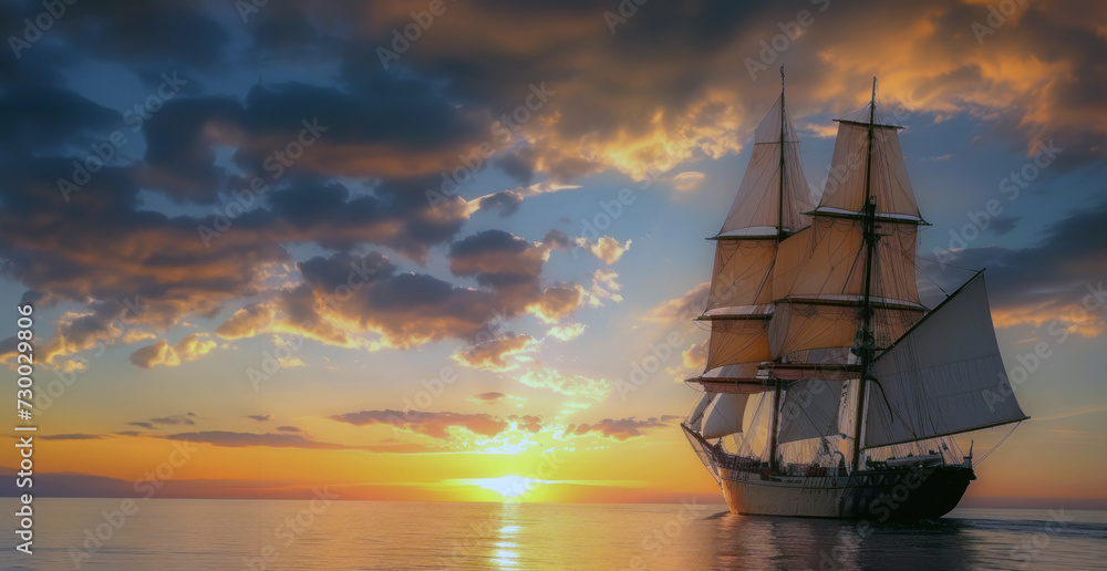 Beautiful ship with sails on the water at sunset. Sky with warm golden hues