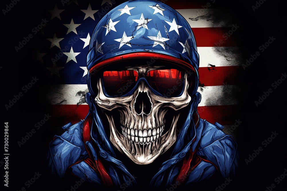 American flag painted on a skull head Illustration. Made in the USA stamp, T-Shirt grunge graphics. Generative AI