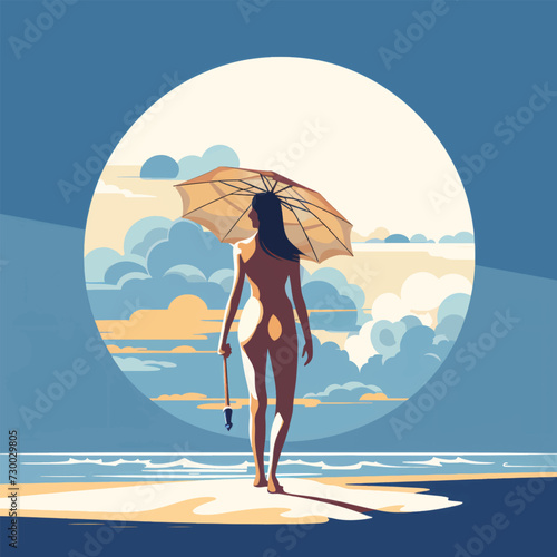 Woman with swimsuit on the beach and umbrella.