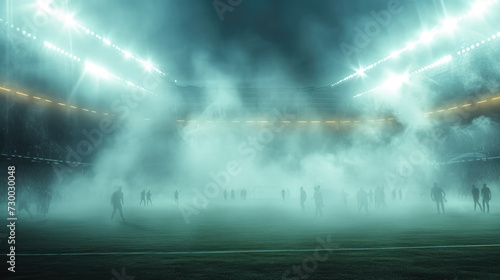 A high-energy snapshot of a soccer game in full swing with a dense fog creating a mystical ambiance, and fans roaring in excitement. Generative AI.