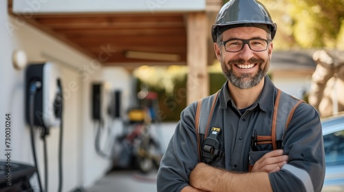 A man electrician smiling and installing a home charging, installing charging station for electric car at private house. Generative AI. © visoot