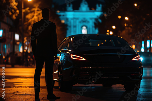 Businessman stands on the side of the road at sunset. Man in a dark suit stands on the side of the road next to a luxury car