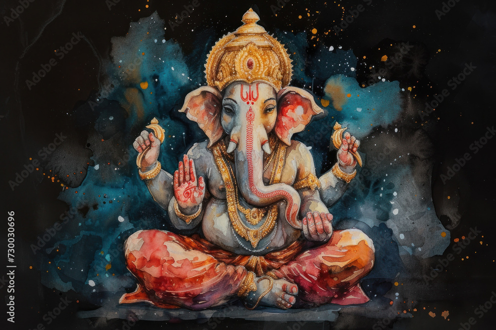 Obraz premium Ganesha, Hinu God, Watercolor Illustration, Generative AI