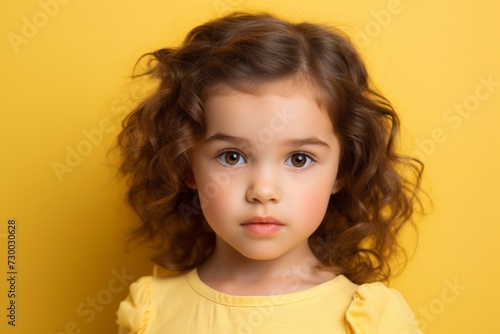 Portrait of a beautiful little girl with curly hair on a yellow background