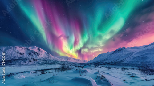 Aurora Borealis splendor over snowy mountain landscape
