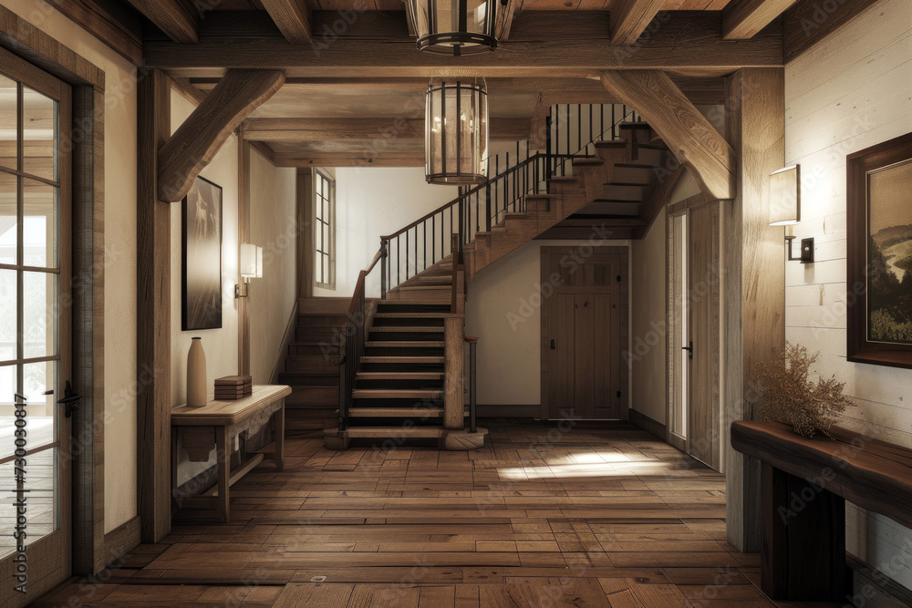 Cosy and rustic interior of the living room. Room has wooden floors and walls. Staircase with wooden steps and railings leads to another level of the house