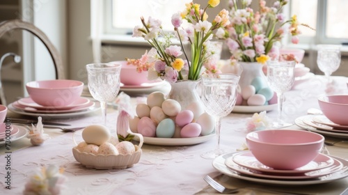 Wallpaper Mural Beautiful dinner table decorated with colorful easter eggs for the holy day of easter. Celebration of the Christian holiday easter. Diner table on a religious day. Decorated luxury eggshells. Torontodigital.ca