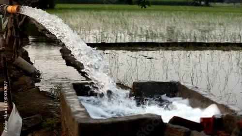 Flowing water in irrigation canal during irrigation beautiful landscape close up during springtime. photo