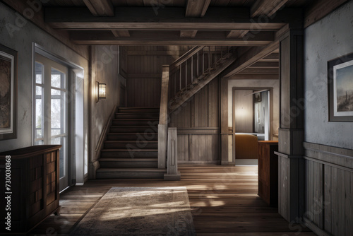 Cosy and rustic interior of the living room. Room has wooden floors and walls. Staircase with wooden steps and railings leads to another level of the house © ColdFire
