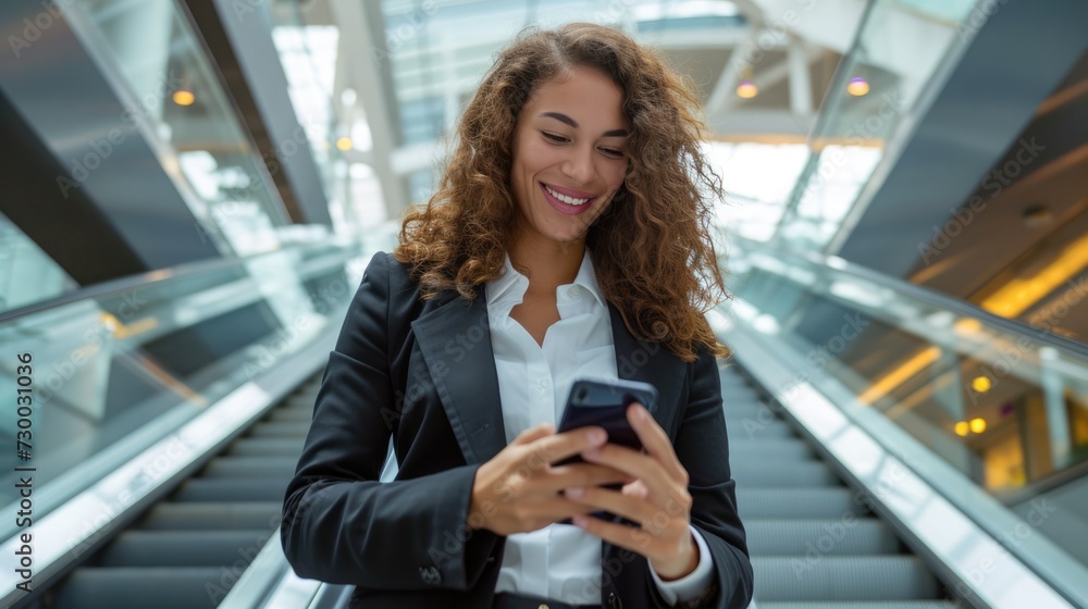 Smiling young business woman wearing suit standing on urban escalator Smiling young business woman wearing suit standing on urban escalator