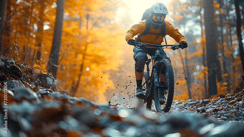 Downhill mountain biking man on the rocky street with forest background. Bright afternoon sunshine. Ground level viewpoint © growth.ai