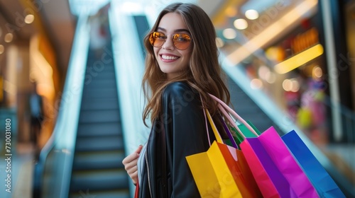 Smiling young fashion woman holding colorful shopping bag standing on mall escalator