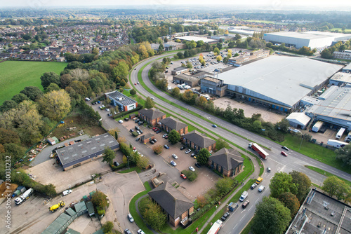An Aerial View of Warehouse Buildings at Business Retail Park at Northampton City of England, UK, October 25th, 2023