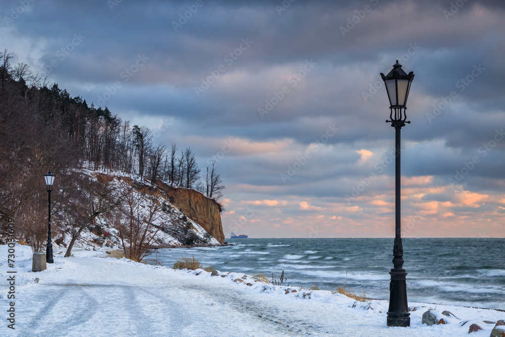 Winter landscape of Baltic Sea coast in Gdynia Orłowo at sunrise, Baltic Sea. Poland Winter landscape of Baltic Sea coast in Gdynia Orłowo at sunrise, Baltic Sea. Poland