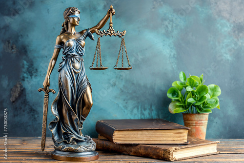 Lady Justice Statue with Scales and Sword on Desk