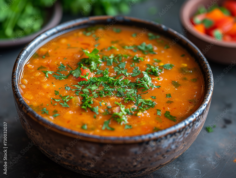 Vegetable soup with lentils and parsley in a bowl. Traditional moroccan red lentil soup with paprika and parsley. Vegetable soup with lentils and parsley in a bowl. Traditional moroccan red lentil soup with paprika and parsley.