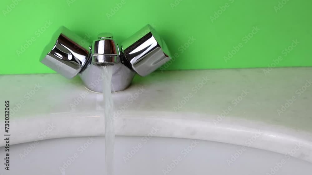 Closeup open faucet drops water with green screen. Closeup open faucet drops water with green screen.