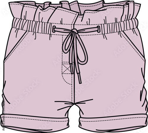 KID GIRLS BOTTOM WEAR SHORTS WITH DRAWSTRING AND POCKETS VECTOR ILLUSTRATION