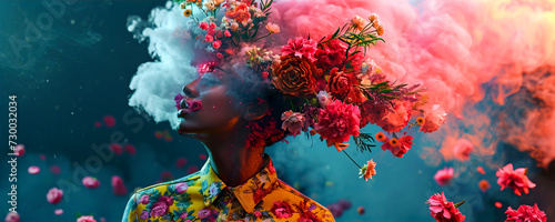  Surreal abstract image of a woman with flowers on her head and colored smoke, summer abstract background © Kseniya