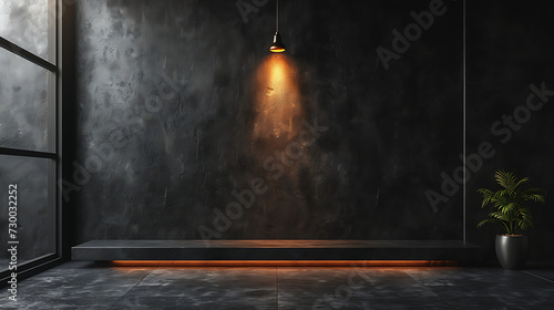 empty minimalist dark office wall for logo mockup with a single central light source photo