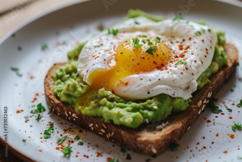 poached egg on toast with avocado cream. egg Benedict. food, delicacy.