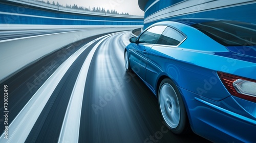 A thrilling scene unfolds as a blue business car speeds through a turn on a high-speed highway  © Wajid