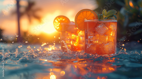 Summer fresh and fruity coctails in a pool at sunset 