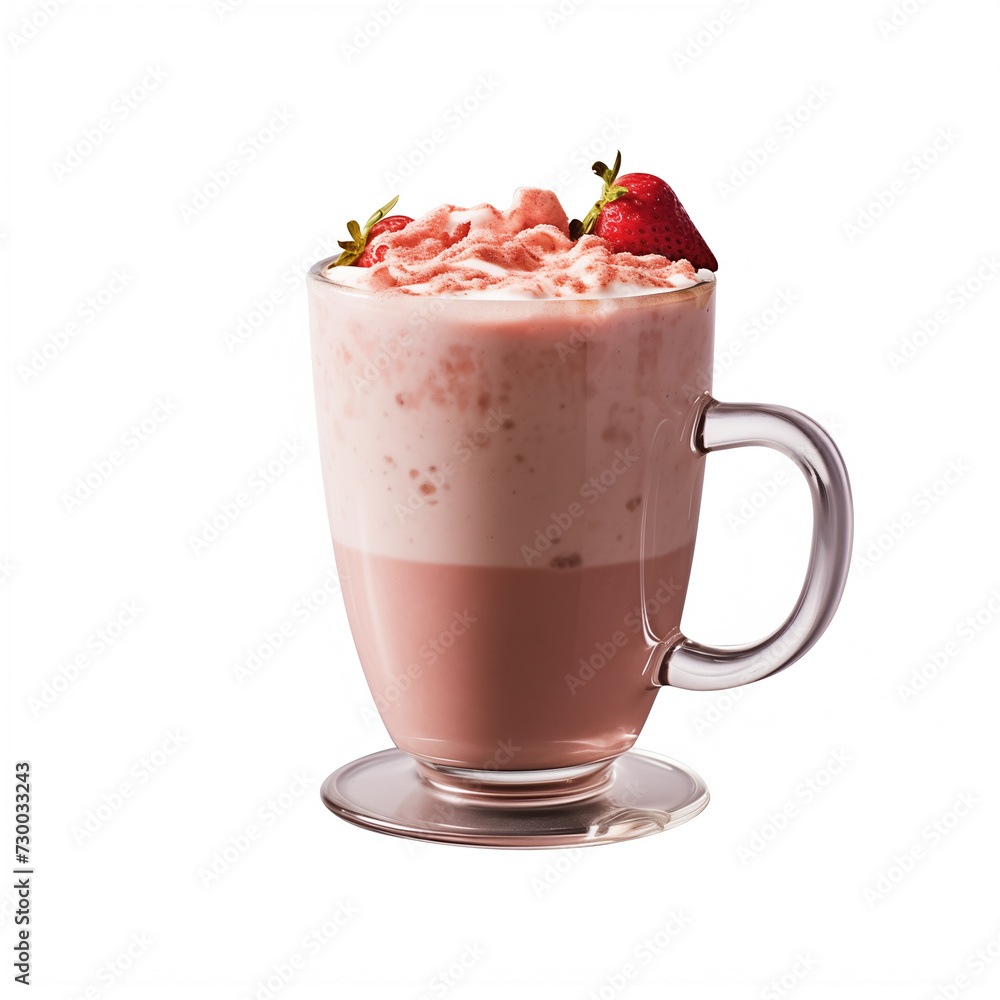 Glass cup of Strawberry latte milkshake with whipped cream and strawberries on white background Glass cup of Strawberry latte milkshake with whipped cream and strawberries on white background