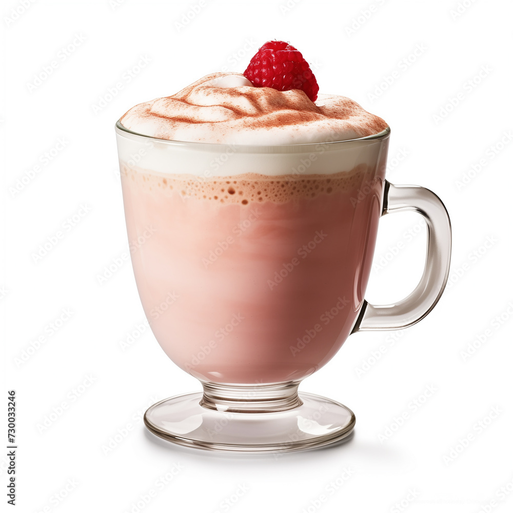 Glass cup of Strawberry latte milkshake with whipped cream and strawberries on white background Glass cup of Strawberry latte milkshake with whipped cream and strawberries on white background