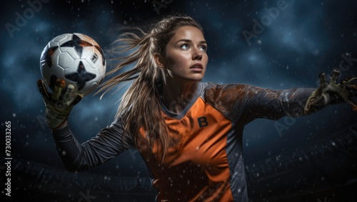 female soccer goalkeeper catches the ball with her hands © jambulart