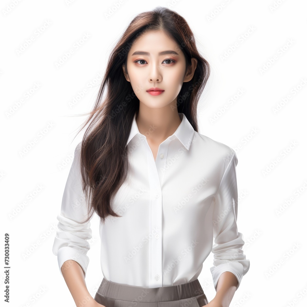 Elegant Asian Executive, Graceful and confident, an Asian businesswoman office woman shines in a captivating portrait set against a clean white background. Generative AI. Elegant Asian Executive, Graceful and confident, an Asian businesswoman office woman shines in a captivating portrait set against a clean white background. Generative AI.