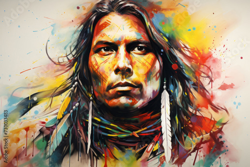 male native American  vibrant portrait  swirling color. a young man  a warrior in an ethnic costume. indian. light background.