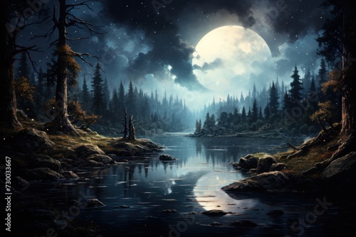 Fantasy landscape with forest lake and full moon. Concept of mountain hiking, active recreation © Berezhna_Iuliia