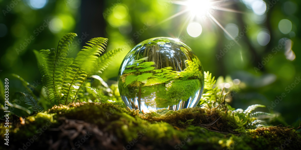 Ecological background with green plants and water drop. Plants and forest moss under rays of sunlight Ecological background with green plants and water drop. Plants and forest moss under rays of sunlight
