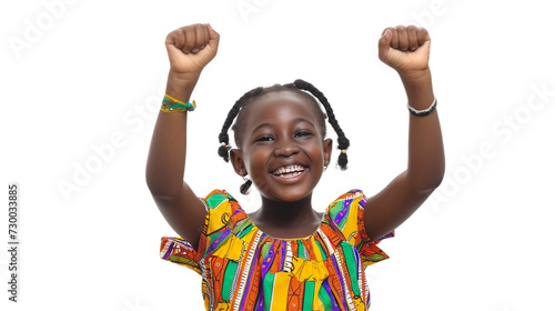 Joyful Nigerian Girl Raises Hands on Transparent Background, PNG, Generative Ai