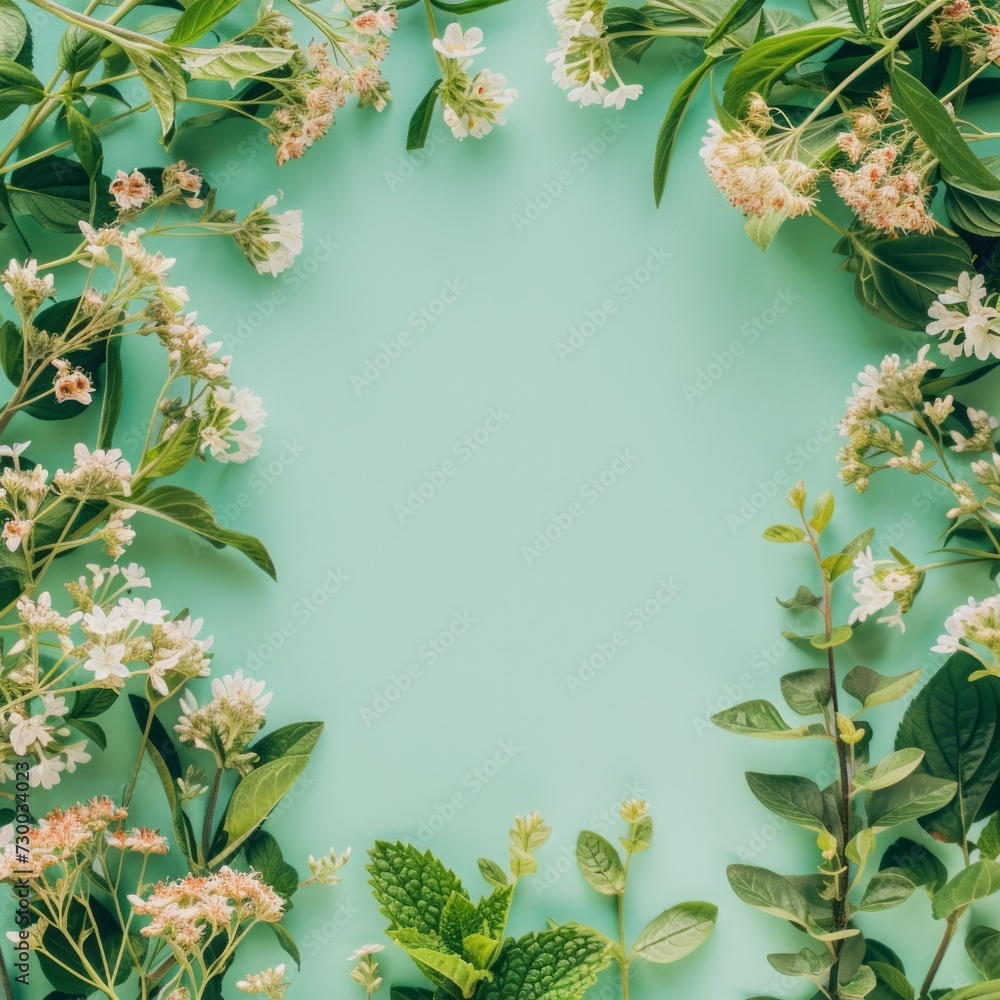 flowers on mint background with space for text. flowers on mint background with space for text.