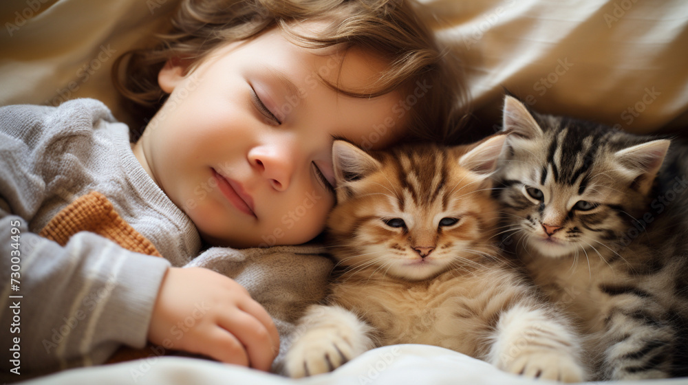 Small child lies on a bed with a cat. Kitten and baby childhood friendship. Baby and cat. Child and Kitten lying together on the bed Small child lies on a bed with a cat. Kitten and baby childhood friendship. Baby and cat. Child and Kitten lying together on the bed