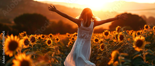 Happy young woman in a white summer dress spread her arms towards the sunset in a field with sunflowers, summer time, happiness, freedom concept #730034426