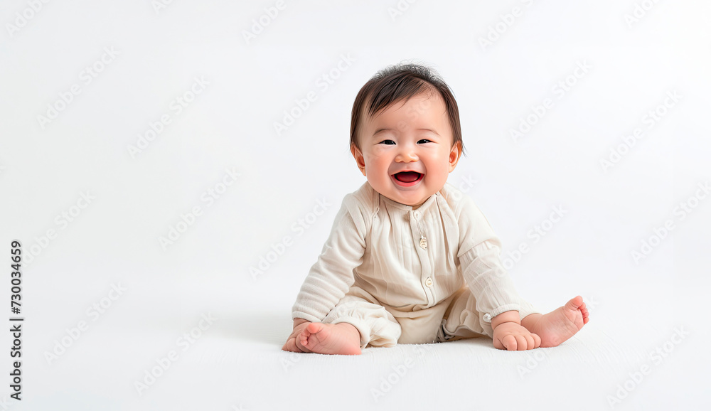 Asian baby laughing sitting isolated on a white background Asian baby laughing sitting isolated on a white background