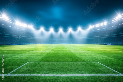 Soccer stadium at night with green lawn and blue spotlight. Football championship banner