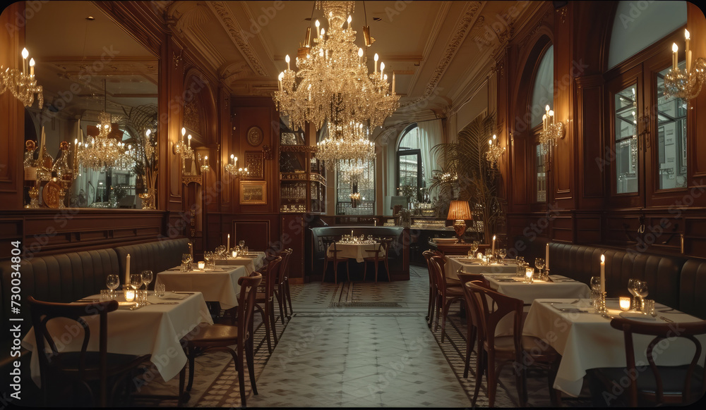 An old restaurant with crystal chandeliers, candles on the table. Generative AI.