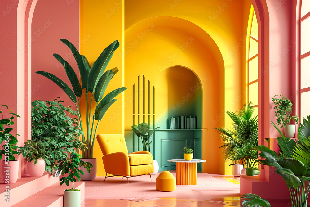 Stylish render of a pop-up interior in bright pink and yellow colors Stylish render of a pop-up interior in bright pink and yellow colors
