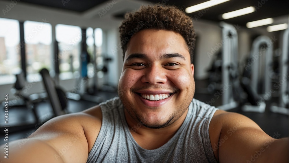 Close-up selfie of a young overweight, joyful mixed-race man in a gym, smiling broadly, showcasing a positive attitude and a commitment to health and fitness. Close-up selfie of a young overweight, joyful mixed-race man in a gym, smiling broadly, showcasing a positive attitude and a commitment to health and fitness.