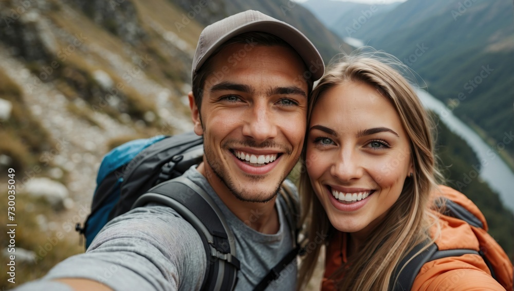 Close-up selfie of a smiling young white couple with backpacks in a mountainous landscape, showcasing their adventurous spirit and radiant smiles. - obrazy, fototapety, plakaty 
